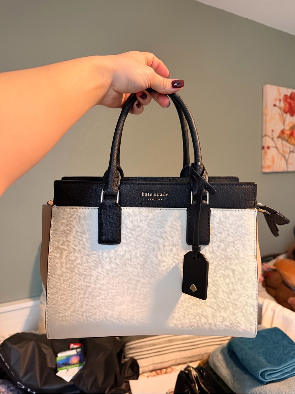 kate spade Two-Tone Leather Satchel in Black, White & Tan with matching wallet